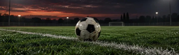 Pallone su un campo da calcio al tramonto